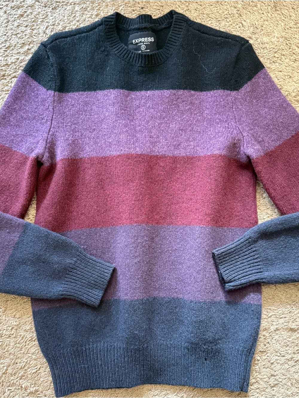 90’s Express Women’s Small Striped Sweater 100% Lambs Wool, Purple, Red, Black